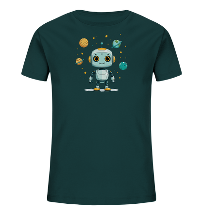 Onlineshop Shirts für Kinder - Das Bild zeigt ein dunkelgrünes Kinder-T-Shirt, das mit einem farbenfrohen Motiv bedruckt ist. In der Mitte der Vorderseite befindet sich die Illustration eines freundlich lächelnden Roboters in Weiß mit orangen Akzenten. Der Roboter ist umgeben von verschiedenen Planeten in Gelb-, Blau- und Grüntönen sowie kleinen gelben Sternen, die eine Weltraumszene darstellen. Das gesamte Design wirkt kindgerecht und lädt zum Entdecken des Universums ein.