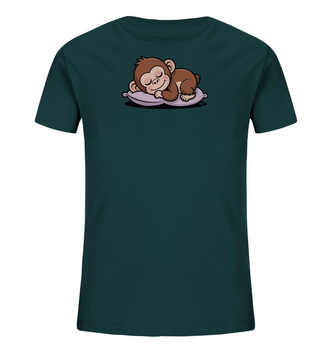 Onlineshop Shirts fuer Kinder - Das Bild zeigt ein dunkelgruenes Kinder-T-Shirt mit einem niedlichen Motiv auf der Vorderseite. Darauf ist ein brauner, schlafender Baby-Affe abgebildet, der gemuetlich auf einem lilafarbenen Kissen ruht. Der Affe hat die Augen geschlossen und einen friedlichen Ausdruck. Das Motiv ist zentral auf dem Shirt platziert.