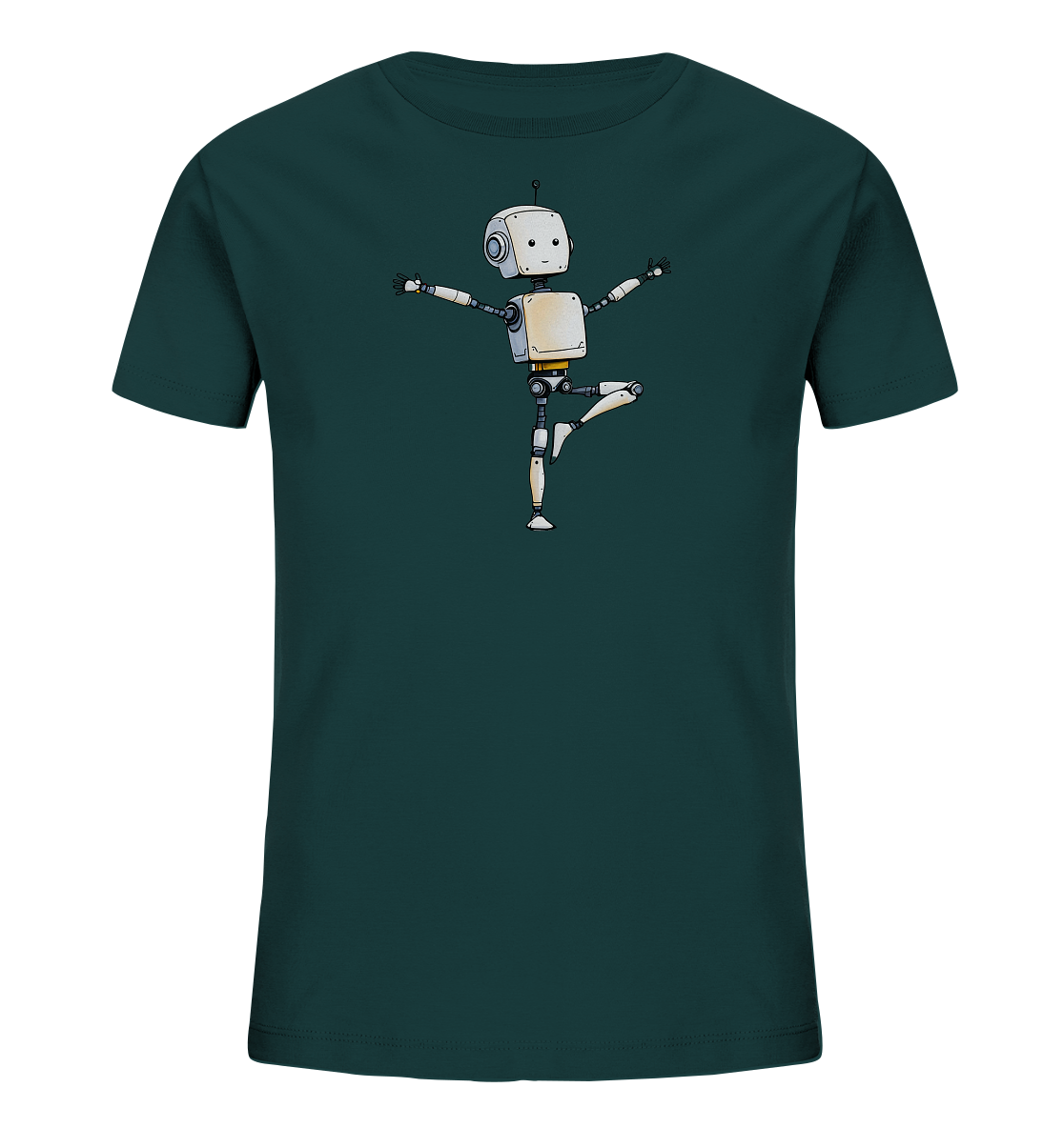 Onlineshop Shirts für Kinder - Das Bild zeigt ein dunkelgrünes Kinder-T-Shirt, das flach ausgelegt ist. Auf der Vorderseite ist eine Illustration eines kleinen, freundlich aussehenden Roboters zu sehen. Der Roboter ist überwiegend hellgrau mit weißen, grauen und gelben Akzenten und balanciert auf einem Bein mit seitlich ausgestreckten Armen. Die Grafik ist im Stil einer Tuschezeichnung mit feinen schwarzen Umrissen gehalten und vermittelt einen spielerischen Eindruck.
