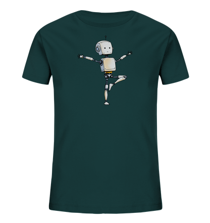 Onlineshop Shirts für Kinder - Das Bild zeigt ein dunkelgrünes Kinder-T-Shirt, das flach ausgelegt ist. Auf der Vorderseite ist eine Illustration eines kleinen, freundlich aussehenden Roboters zu sehen. Der Roboter ist überwiegend hellgrau mit weißen, grauen und gelben Akzenten und balanciert auf einem Bein mit seitlich ausgestreckten Armen. Die Grafik ist im Stil einer Tuschezeichnung mit feinen schwarzen Umrissen gehalten und vermittelt einen spielerischen Eindruck.