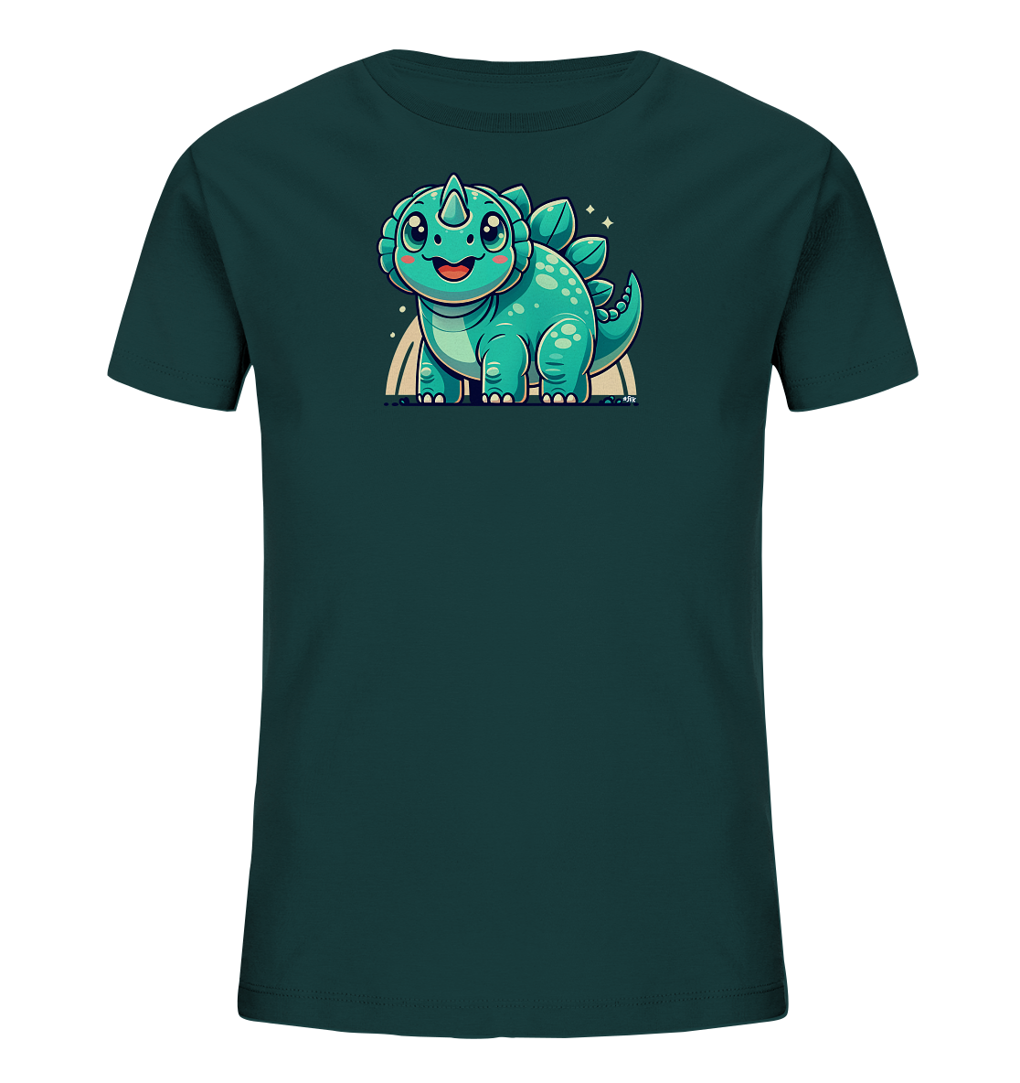 Onlineshop Shirts fuer Kinder - Das Bild zeigt ein petrolfarbenes Kinder-T-Shirt mit einem niedlichen, gruenen Dinosaurier-Motiv auf der Vorderseite. Der stilisierte Dinosaurier hat grosse Augen, laechelt und steht auf einem angedeuteten Regenbogen. Kleine Funkel-Elemente umgeben das verspielte Design, das ideal fuer kleine Dino-Fans ist.