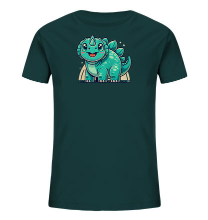 Onlineshop Shirts fuer Kinder - Das Bild zeigt ein petrolfarbenes Kinder-T-Shirt mit einem niedlichen, gruenen Dinosaurier-Motiv auf der Vorderseite. Der stilisierte Dinosaurier hat grosse Augen, laechelt und steht auf einem angedeuteten Regenbogen. Kleine Funkel-Elemente umgeben das verspielte Design, das ideal fuer kleine Dino-Fans ist.
