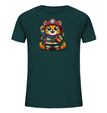 Kinder T-Shirt mit eine winkende Cartoon-Katze als Feuerwehrfigur mit Helm und Uniform