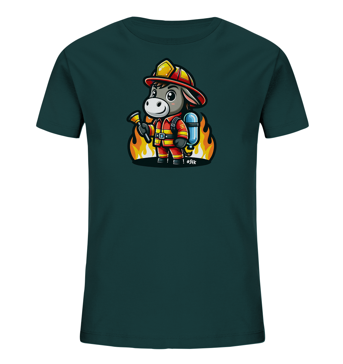 Kinder T-Shirt mit ein freundlicher Esel als Feuerwehrmann mit Helm, Anzug und Schlauch