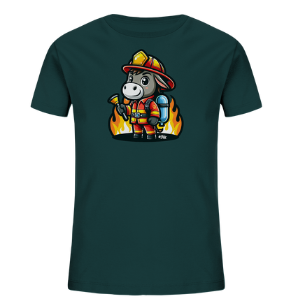Kinder T-Shirt mit ein freundlicher Esel als Feuerwehrmann mit Helm, Anzug und Schlauch