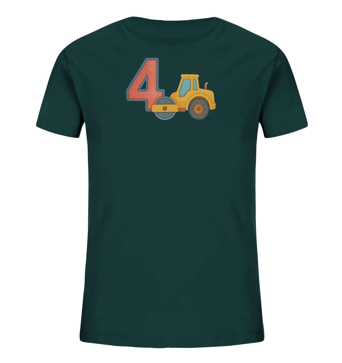 Onlineshop Shirts fuer Kinder - Dieses dunkel tuerkise T-Shirt fuer Kinder zeigt eine bunte Illustration auf der Vorderseite. Zentral platziert ist die Zahl Vier in Rot mit blauer Umrandung. Daneben ist eine gelbe Strassenwalze im Cartoon-Stil abgebildet. Das Design wirkt verspielt und ist ansprechend fuer Kinder.