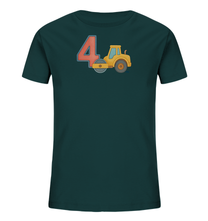Onlineshop Shirts fuer Kinder - Dieses dunkel tuerkise T-Shirt fuer Kinder zeigt eine bunte Illustration auf der Vorderseite. Zentral platziert ist die Zahl Vier in Rot mit blauer Umrandung. Daneben ist eine gelbe Strassenwalze im Cartoon-Stil abgebildet. Das Design wirkt verspielt und ist ansprechend fuer Kinder.