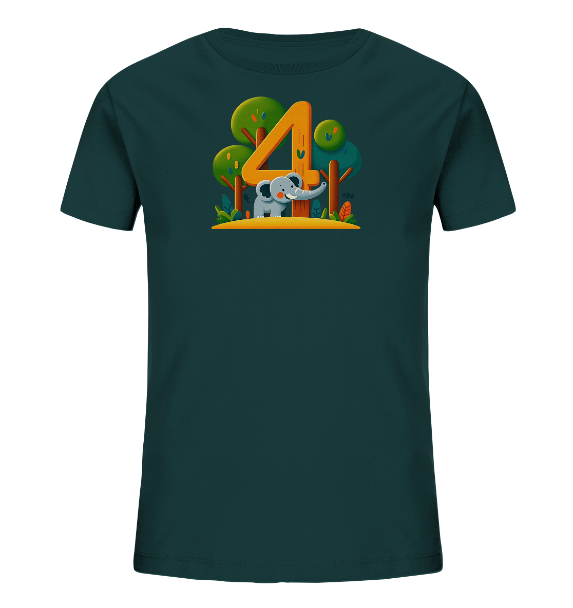 Onlineshop Shirts fuer Kinder - Dieses T-Shirt in Dunkelblau zeigt ein suesses Motiv mit einem Elefanten. Der kleine Elefant steht neben der grossen, orangefarbenen Zahl '4'. Hinter der Zahl und dem Elefanten ist eine stilisierte Dschungel- oder Waldlandschaft mit Baeumen und Pflanzen dargestellt. Das verspielte und farbenfrohe Design ist ideal fuer Kinder.