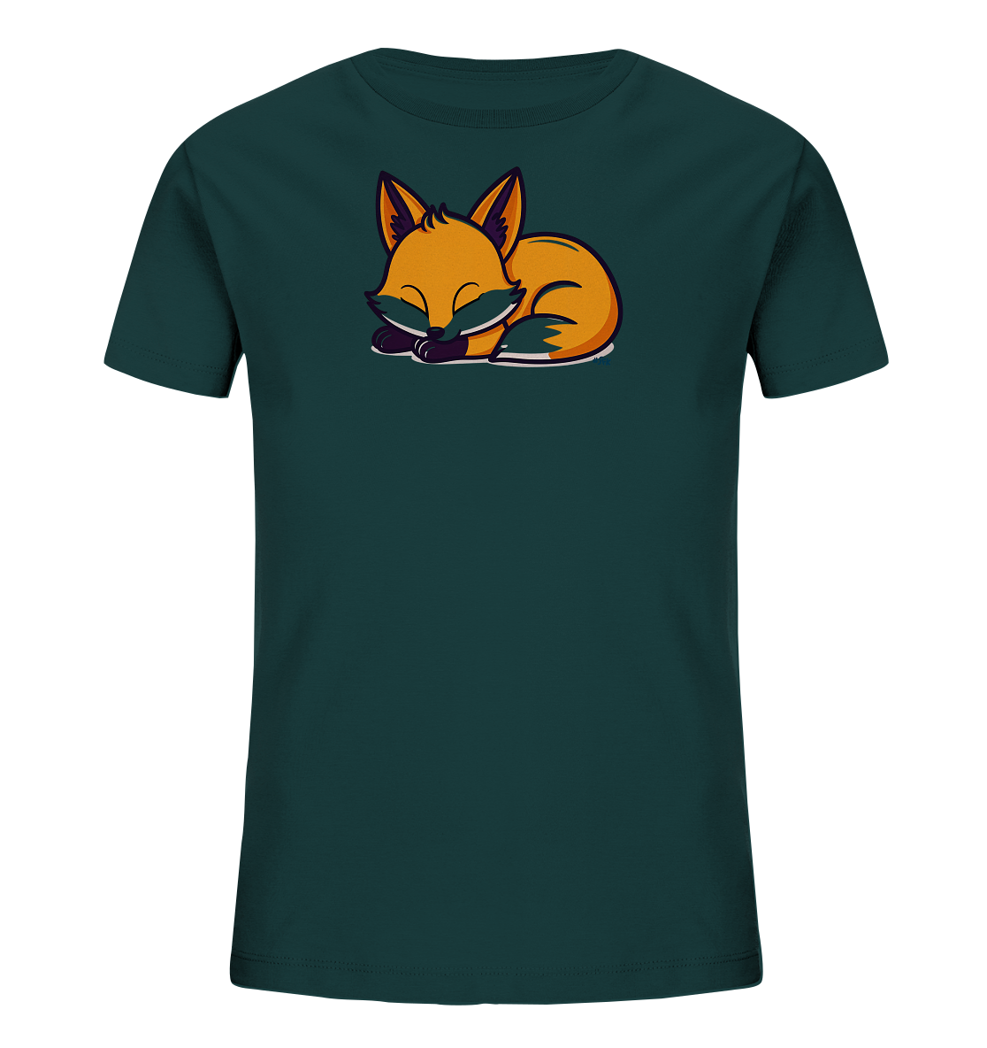 Onlineshop Shirts fuer Kinder - Das Bild zeigt ein dunkelpetrolfarbenes Kinder-T-Shirt mit kurzen Ärmeln. Auf der Vorderseite ist eine friedlich schlafende Fuchsillustration zu sehen. Der Fuchs ist orange mit dunklen Akzenten und liegt zusammengerollt dar. Das Design wirkt ruhig und ansprechend fuer Kinder.