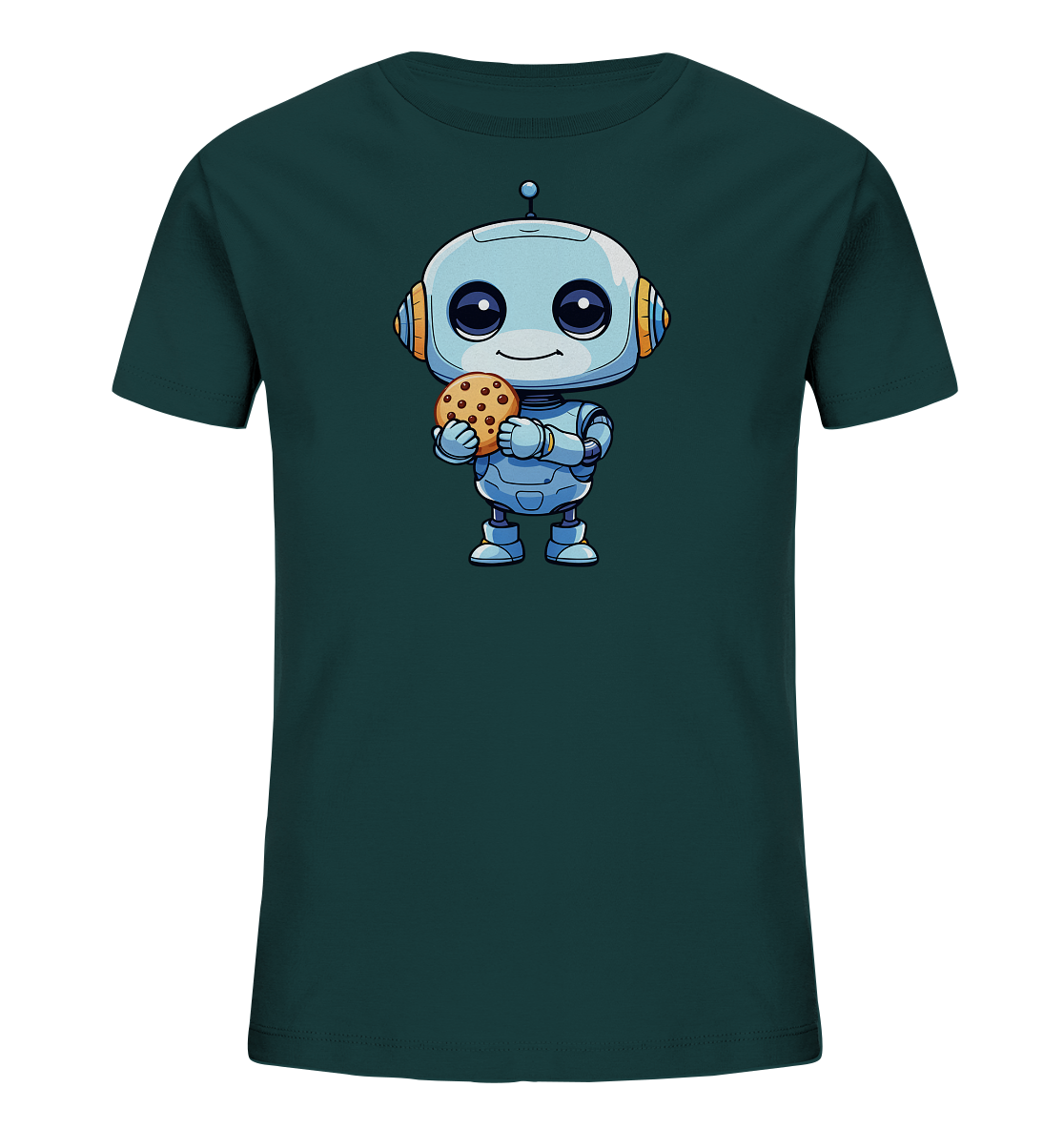 Onlineshop Shirts für Kinder - Das Bild zeigt ein dunkles, petrolfarbenes Kinder-T-Shirt. Auf der Vorderseite ist eine detaillierte, freundliche Illustration eines kleinen, hellblauen Roboters zu sehen. Der Roboter hat große, runde Augen, ein lächelndes Gesicht und hält einen Keks mit Schokostückchen in seinen Händen. Das Design ist cartoonhaft und farbenfroh gestaltet, was dem Shirt einen verspielten Look verleiht.