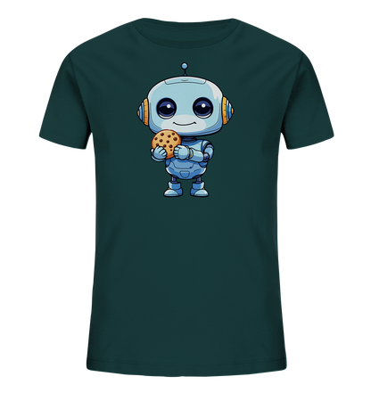 Onlineshop Shirts für Kinder - Das Bild zeigt ein dunkles, petrolfarbenes Kinder-T-Shirt. Auf der Vorderseite ist eine detaillierte, freundliche Illustration eines kleinen, hellblauen Roboters zu sehen. Der Roboter hat große, runde Augen, ein lächelndes Gesicht und hält einen Keks mit Schokostückchen in seinen Händen. Das Design ist cartoonhaft und farbenfroh gestaltet, was dem Shirt einen verspielten Look verleiht.
