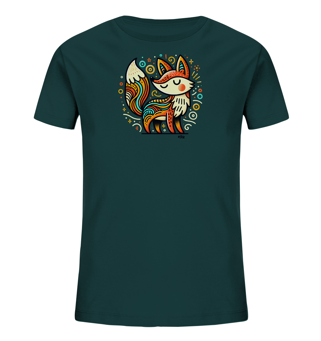 Onlineshop Shirts fuer Kinder - Das Bild zeigt ein dunkelblau-gruenes T-Shirt fuer Kinder. Im Zentrum ist eine leuchtende Illustration eines Fuchses im stilisierten Folk Art Stil zu sehen. Der Fuchs ist umgeben von farbenfrohen dekorativen Elementen wie Kreisen und Sternen. Das Design hat einen froehlichen und kuenstlerischen Charakter.