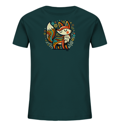 Onlineshop Shirts fuer Kinder - Das Bild zeigt ein dunkelblau-gruenes T-Shirt fuer Kinder. Im Zentrum ist eine leuchtende Illustration eines Fuchses im stilisierten Folk Art Stil zu sehen. Der Fuchs ist umgeben von farbenfrohen dekorativen Elementen wie Kreisen und Sternen. Das Design hat einen froehlichen und kuenstlerischen Charakter.