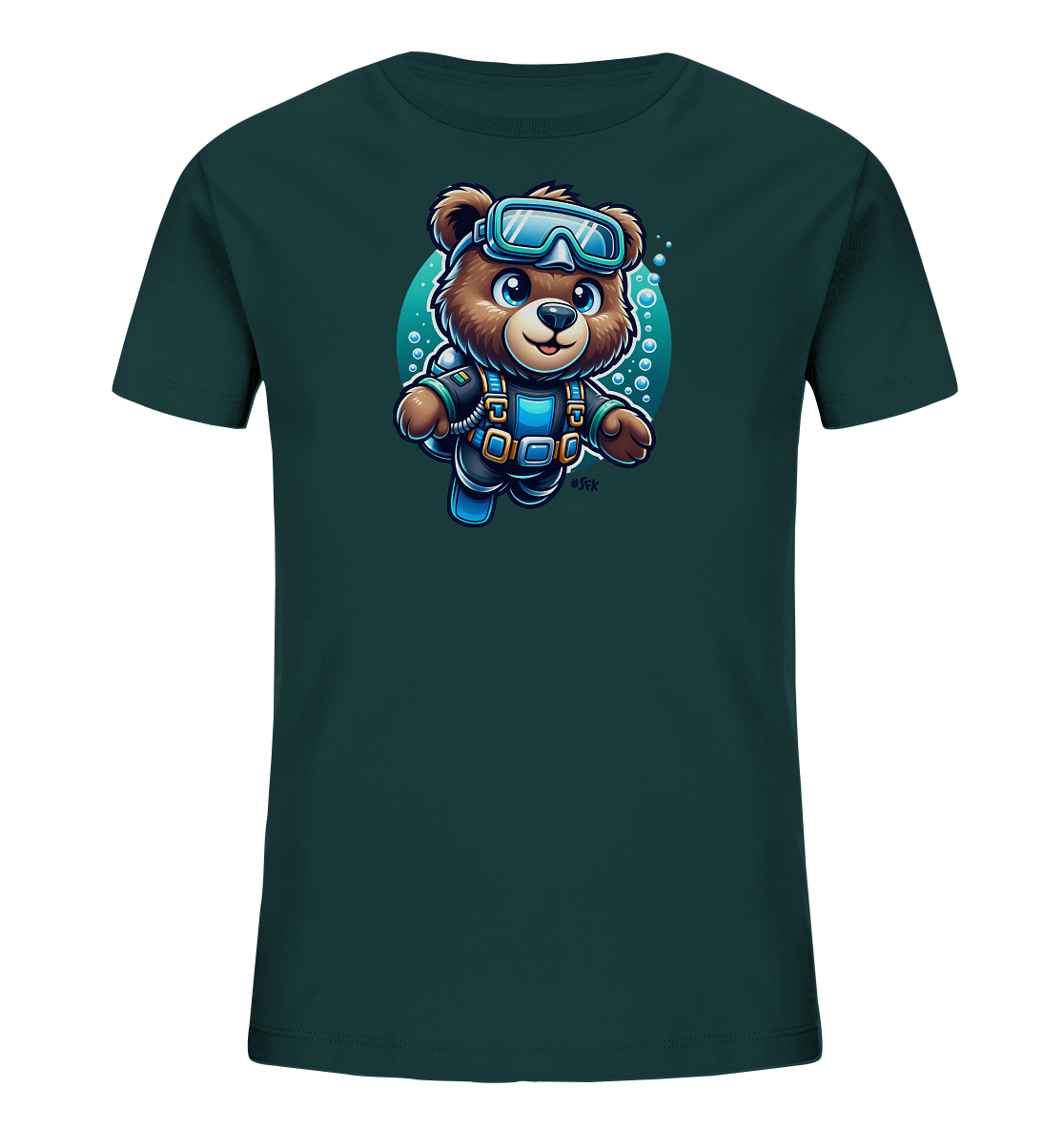 Onlineshop Shirts fuer Kinder - Das Bild zeigt ein dunkelgruenes Kinder-T-Shirt mit einer niedlichen Illustration. Darauf zu sehen ist ein cartoonartiger Baer, der eine Taucherbrille und Tauchausruestung traegt. Der Baer schwimmt laechelnd unter Wasser, umgeben von kleinen Blasen. Dieses Design wirkt froehlich und abenteuerlich.