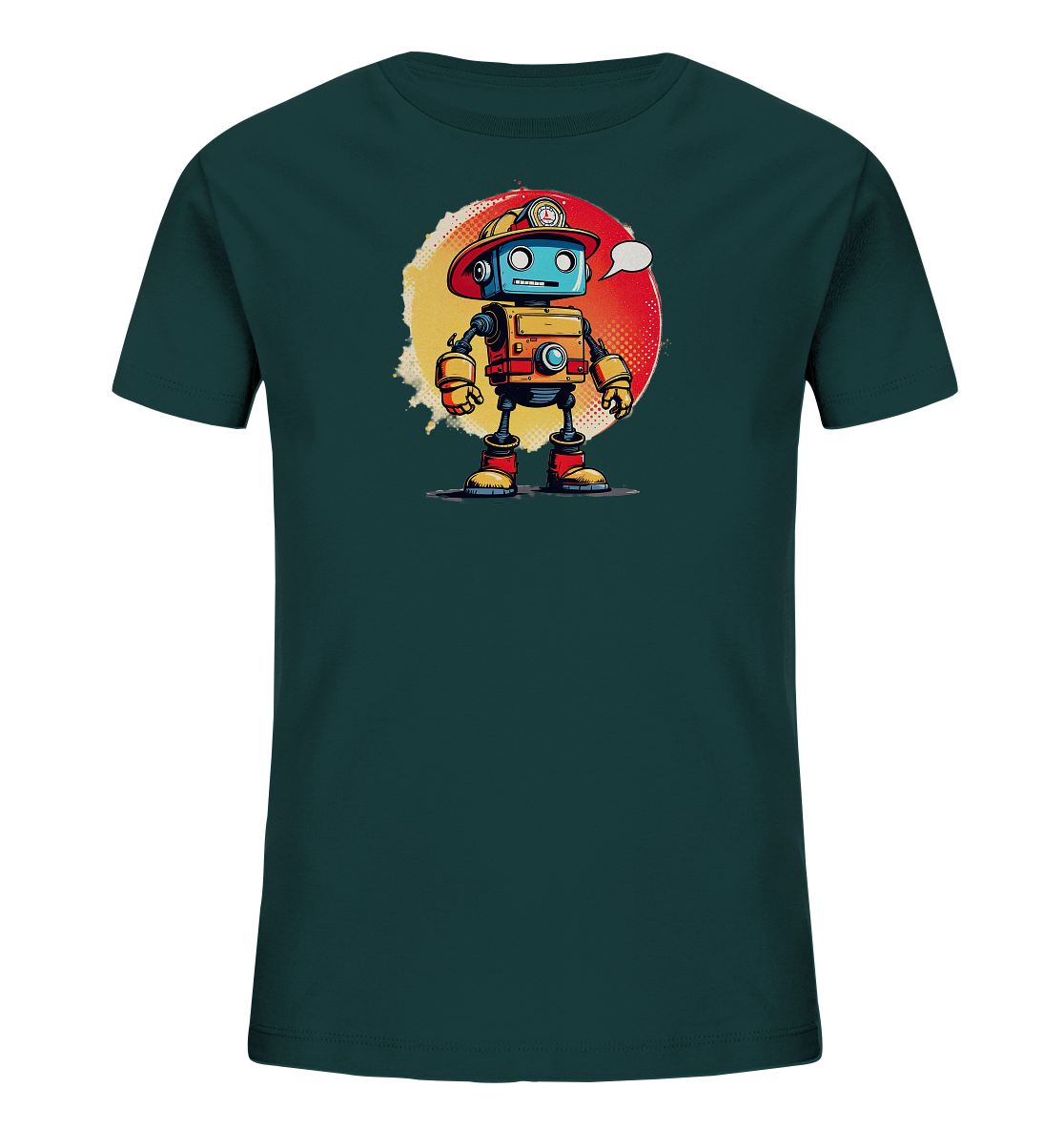 Onlineshop Shirts für Kinder - Das Bild zeigt ein dunkelgrünes T-Shirt mit einem auffälligen Aufdruck auf der Vorderseite. Abgebildet ist ein stilisierter Roboter, der einen roten Feuerwehrhelm trägt. Der Roboter ist in leuchtenden Farben wie Blau, Rot und Gelb gehalten und steht vor einem kreisförmigen, zweifarbigen Hintergrund in Gelb und Rot mit Textur. Über dem Kopf des Roboters befindet sich eine leere Sprechblase, die den verspielten Charakter des Designs unterstreicht.