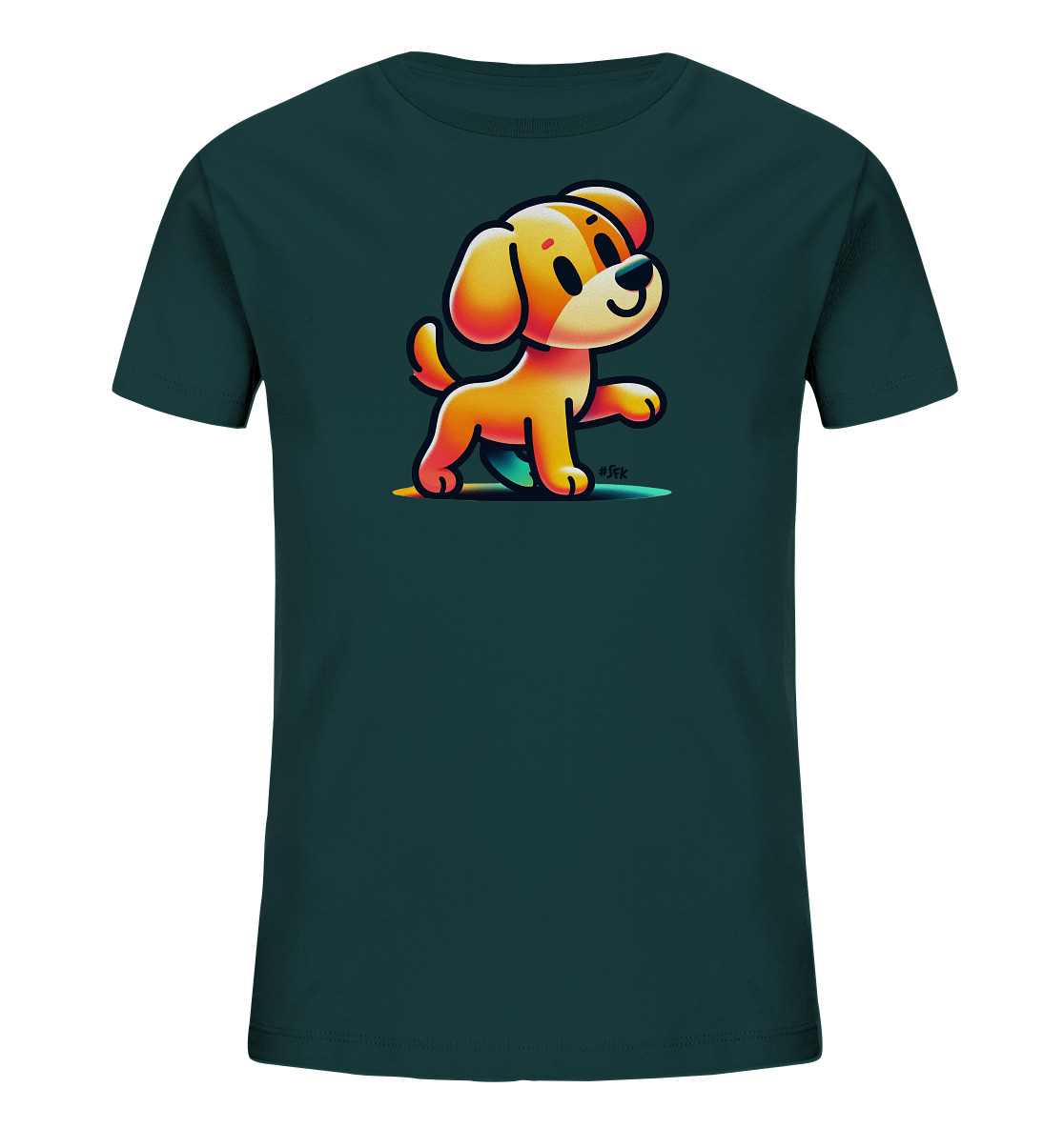 Onlineshop Shirts fuer Kinder - Das Bild zeigt ein dunkelgruenes T-Shirt mit einem niedlichen Cartoon-Hund auf der Vorderseite. Der Hund hat hellbraunes Fell mit warmen Farbakzenten und ein freundliches Gesicht. Er ist in einer dynamischen Pose beim Gehen dargestellt und steht auf einem farbverlaufenden Untergrund. Das Design wirkt froehlich und kindgerecht.