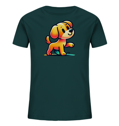 Kinder T-Shirt mit hellbraunem Cartoon-Hund, Lächeln und erhobener Pfote