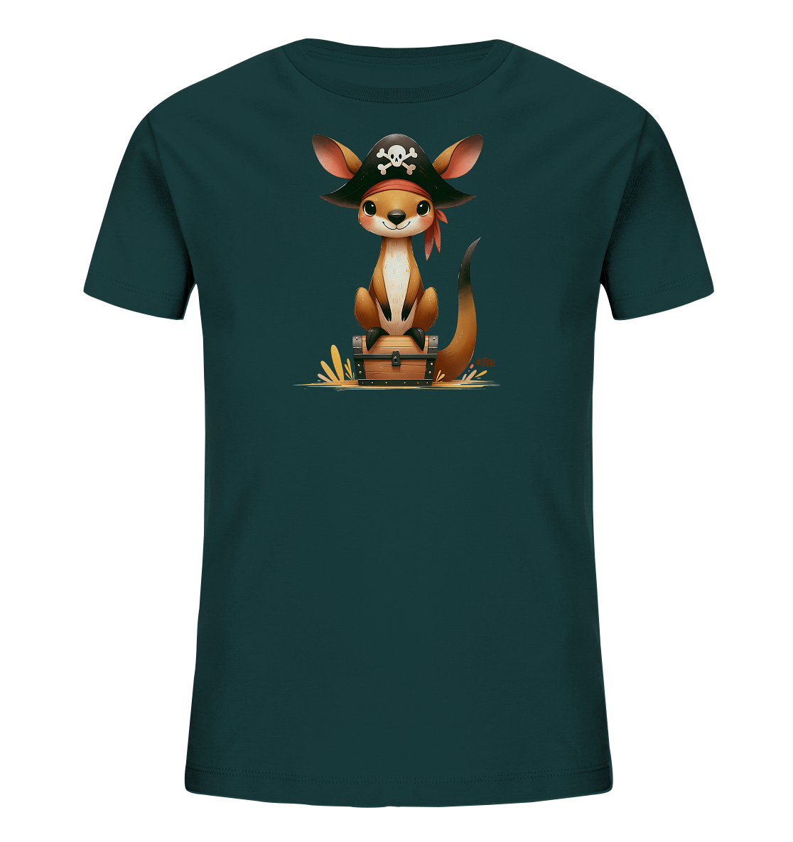 Onlineshop Shirts fuer Kinder - Das T-Shirt ist in einem dunklen Petrolgruen gehalten. Auf der Vorderseite ist eine niedliche Kaenguru-Illustration zu sehen. Das Kaenguru traegt einen Piratenhut mit Totenkopf und sitzt auf einer Schatzkiste. Das Design hat ein lustiges Piraten-Thema.