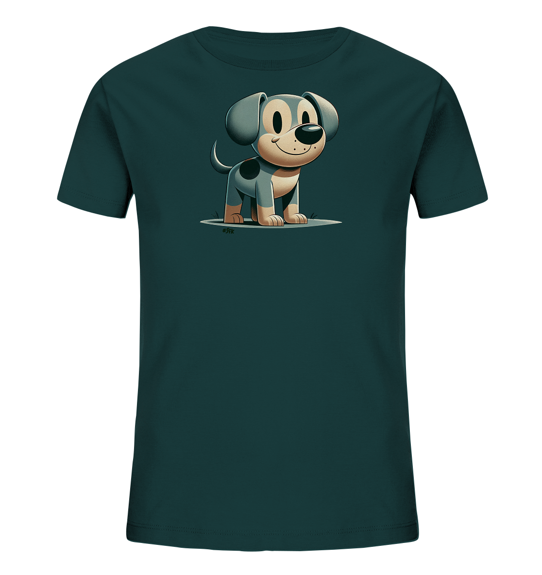 Onlineshop Shirts fuer Kinder - Das Bild zeigt ein dunkles, unifarbenes T-Shirt fuer Kinder. Auf der Vorderseite ist eine grosse, cartoonhafte Illustration eines Hundes zu sehen. Der Hund hat grosse Ohren, ein freundliches Laecheln und steht auf einem stilisierten Boden. Das Design ist kindgerecht und wirkt froehlich.