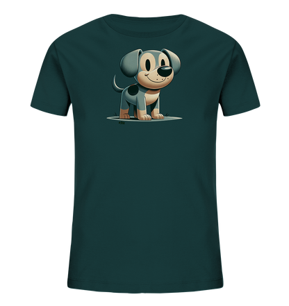 Onlineshop Shirts fuer Kinder - Das Bild zeigt ein dunkles, unifarbenes T-Shirt fuer Kinder. Auf der Vorderseite ist eine grosse, cartoonhafte Illustration eines Hundes zu sehen. Der Hund hat grosse Ohren, ein freundliches Laecheln und steht auf einem stilisierten Boden. Das Design ist kindgerecht und wirkt froehlich.
