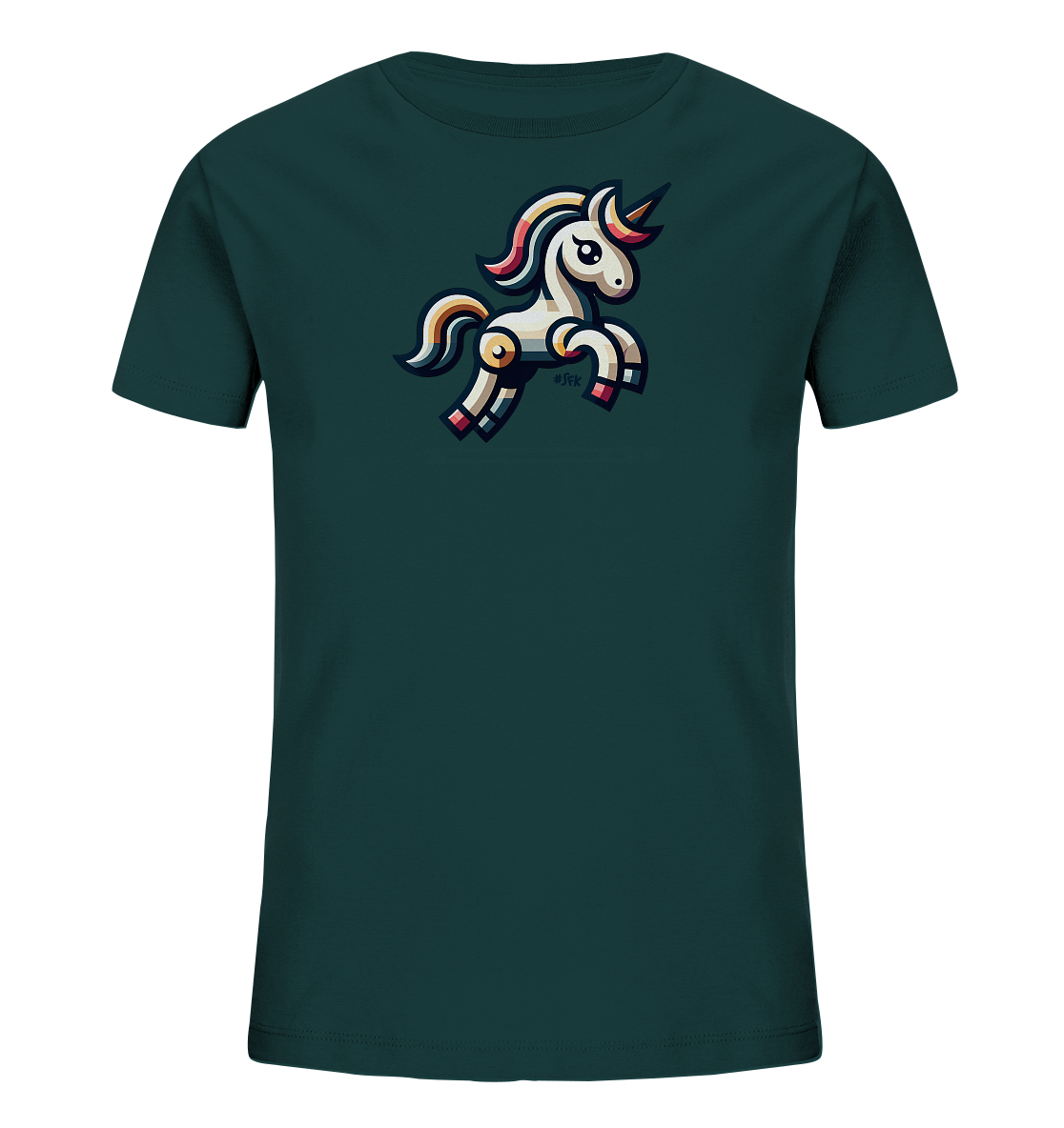 Onlineshop Shirts fuer Kinder - Das Bild zeigt ein dunkelpetrolfarbenes T-Shirt fuer Kinder. Auf der Vorderseite ist eine stilisierte Illustration eines springenden Einhorns zu sehen. Das Einhorn hat eine weisse Grundfarbe mit Akzenten in Rosa, Gelb und Blau. Das Design ist froehlich und verspielt.
