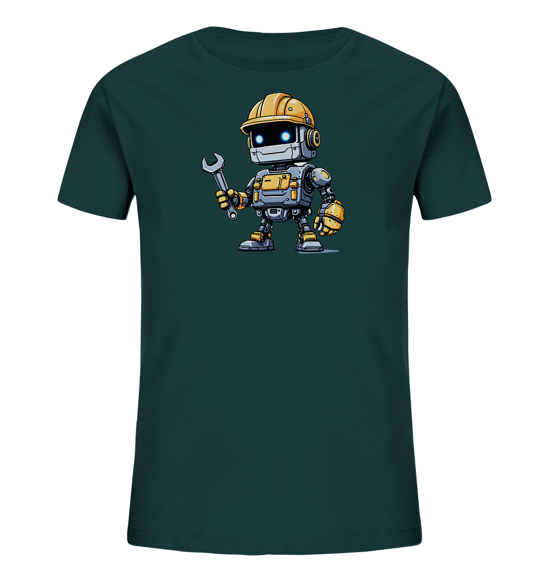 Onlineshop Shirts für Kinder - Das Bild zeigt ein dunkelgrünes T-Shirt für Kinder, das mit einer Illustration eines Roboters bedruckt ist. Der Cartoon-Roboter trägt einen gelben Bauhelm und hält in einer Hand einen Schraubenschlüssel. Er ist in Grau- und Gelbtönen gehalten und hat leuchtend blaue Augen. Das Design ist kindgerecht und wirkt durch die klaren Linien und Farben ansprechend.