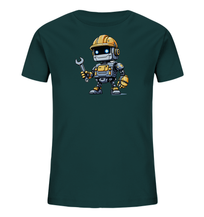 Onlineshop Shirts für Kinder - Das Bild zeigt ein dunkelgrünes T-Shirt für Kinder, das mit einer Illustration eines Roboters bedruckt ist. Der Cartoon-Roboter trägt einen gelben Bauhelm und hält in einer Hand einen Schraubenschlüssel. Er ist in Grau- und Gelbtönen gehalten und hat leuchtend blaue Augen. Das Design ist kindgerecht und wirkt durch die klaren Linien und Farben ansprechend.