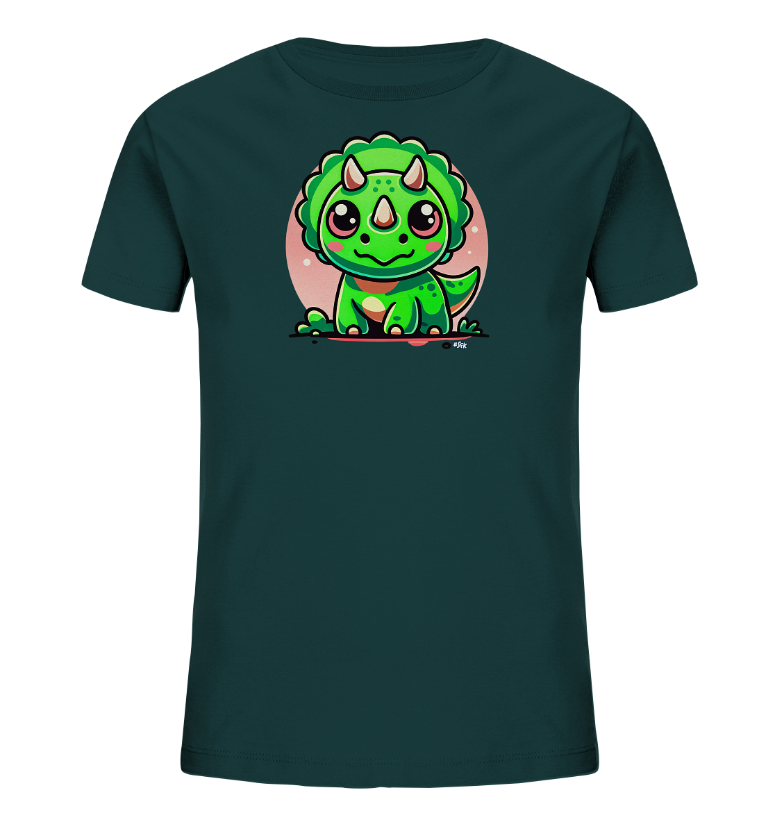 Onlineshop Shirts fuer Kinder - Dieses dunkelgruene T-Shirt zeigt auf der Vorderseite eine niedliche Illustration eines gruenen Baby-Triceratops. Der kleine Dinosaurier sitzt aufrecht vor einem blassen, rosa Kreis. Er hat grosse, freundliche Augen, pinke Wangen und kleine Hoerner. Das detailreiche und farbenfrohe Design verleiht dem Shirt einen verspielten Look.