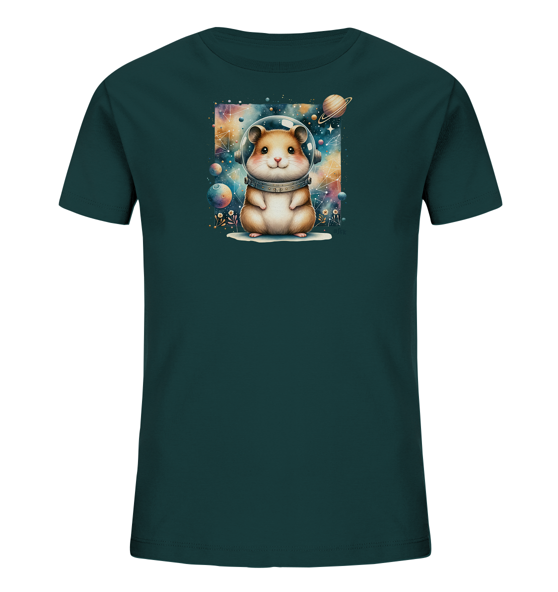 Onlineshop Shirts fuer Kinder - Das Bild zeigt ein Kindershirt in dunklem Tuerkis. Auf der Vorderseite ist ein niedlicher Hamster in einem Astronautenhelm abgebildet. Im Hintergrund befindet sich ein farbenfroher Weltraum mit Planeten und Sternen. Dieses Motiv verleiht dem Shirt einen verspielten Look.