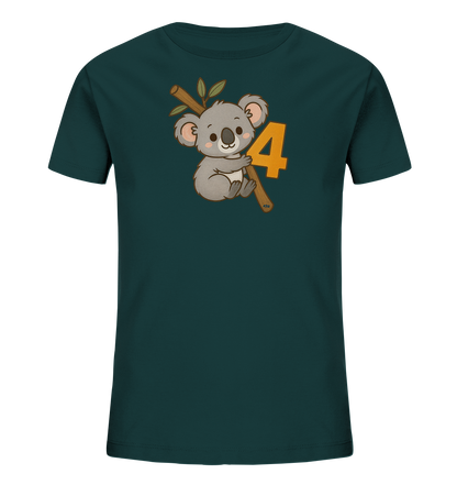 Onlineshop Shirts fuer Kinder - Das Bild zeigt ein dunkelgruenes Kinder-T-Shirt mit einem Motiv auf der Vorderseite. Abgebildet ist ein suesser Cartoon-Koala, der auf einem Ast sitzt. Direkt neben dem Koala ist die Zahl '4' in einem leuchtenden Orangeton zu sehen. Das Design ist kindgerecht und neutral gehalten.