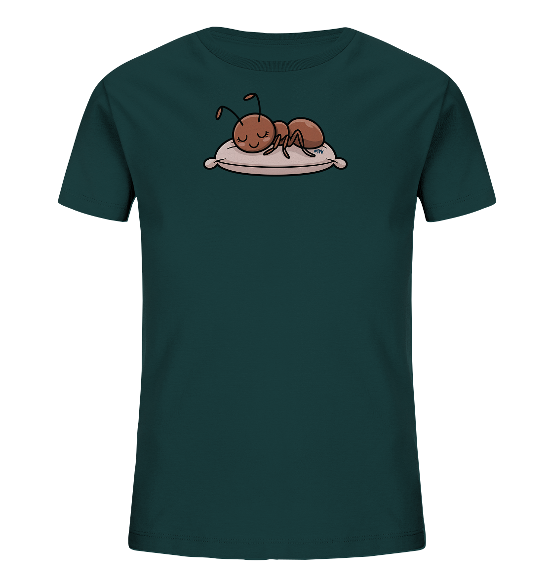 Onlineshop Shirts fuer Kinder - Das Bild zeigt ein dunkelblau-gruenes Kinder-T-Shirt. Auf der Vorderseite ist eine suesse, schlafende Ameise abgebildet. Die Ameise liegt entspannt auf einem kleinen, beigen Kissen. Das Motiv verleiht dem Shirt einen ruhigen und niedlichen Charakter.