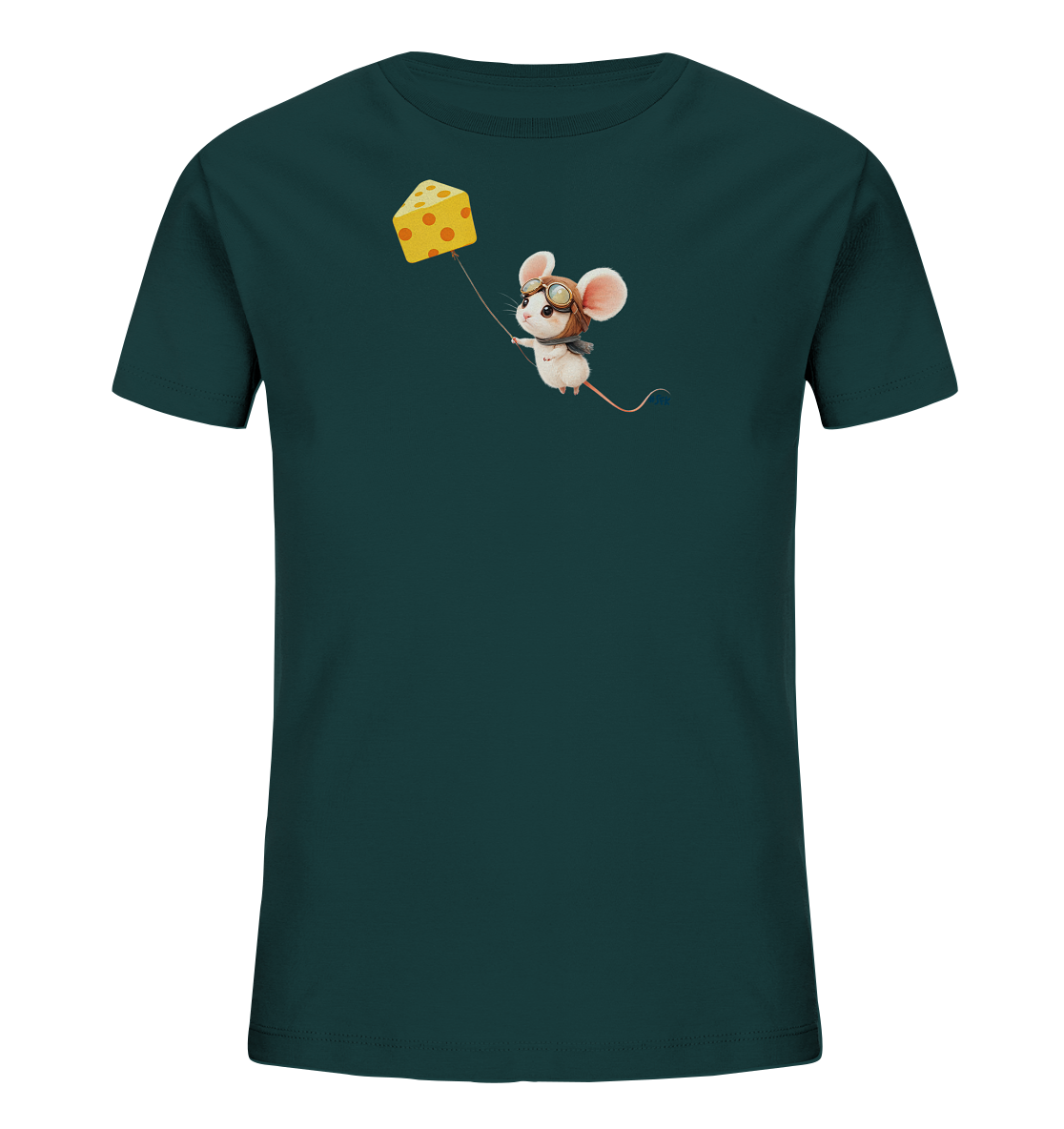 Onlineshop Shirts fuer Kinder - Das Bild zeigt ein dunkelblaugruenes T-Shirt fuer Kinder mit einem niedlichen Motiv. Darauf ist eine kleine Maus abgebildet, die Pilotenbrille und Fliegermuetze traegt. Die Maus haelt eine Schnur, die an einem grossen Stueck Kaese befestigt ist, welches wie ein Ballon fungiert. Das Design verleiht dem Shirt einen verspielten und fantasievollen Charakter.