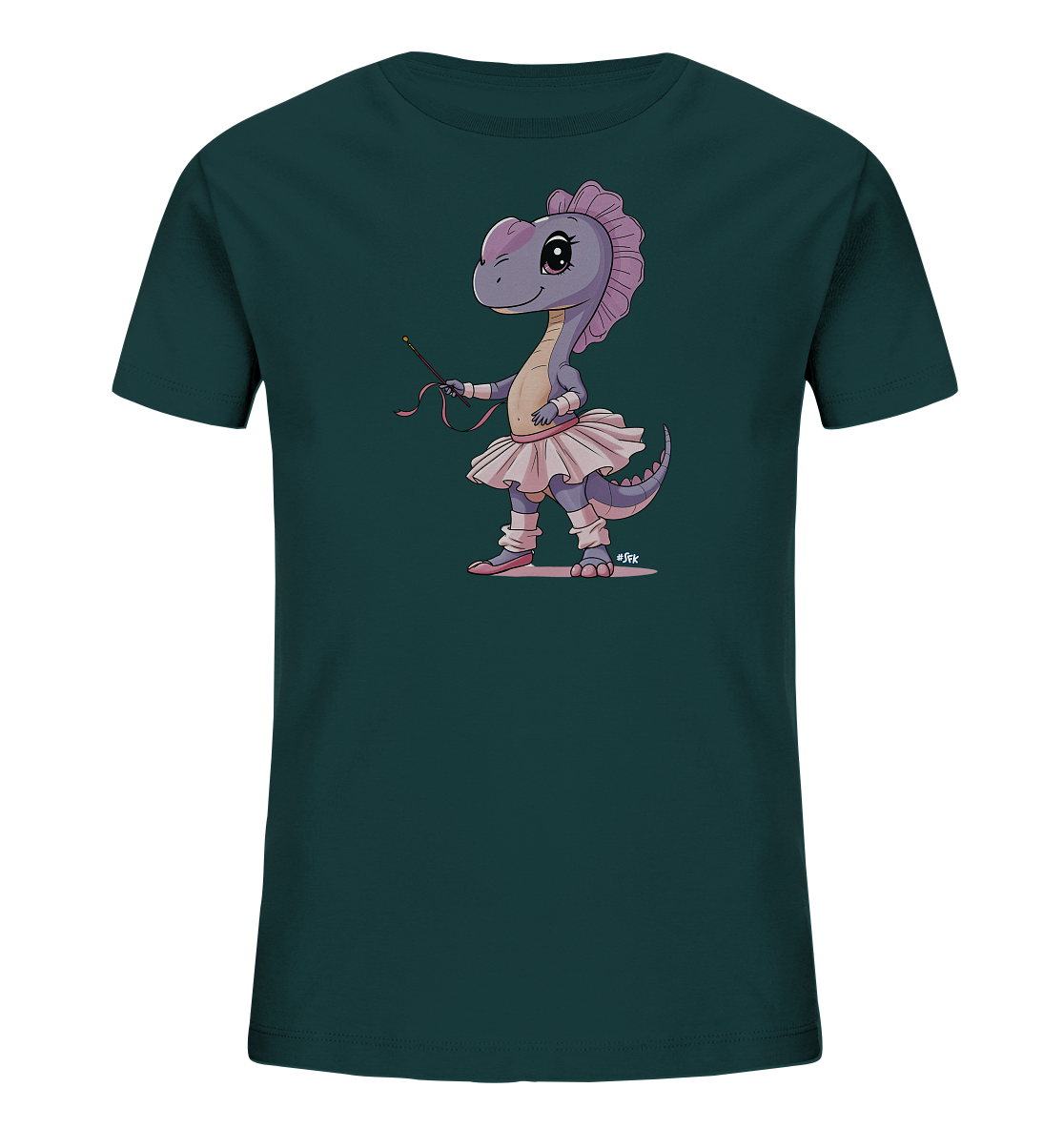 Onlineshop Shirts fuer Kinder - Das Bild zeigt ein dunkelgruenes T-Shirt mit einer farbenfrohen Illustration auf der Vorderseite. Das Motiv stellt einen lila Dinosaurier dar, der ein pinkes Tutu und Ballett-Schuhe traegt. Der Dinosaurier haelt einen Zauberstab mit Baendern in der Hand. Die gesamte Darstellung wirkt froehlich und verspielt.
