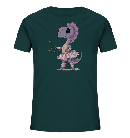 Onlineshop Shirts fuer Kinder - Das Bild zeigt ein dunkelgruenes T-Shirt mit einer farbenfrohen Illustration auf der Vorderseite. Das Motiv stellt einen lila Dinosaurier dar, der ein pinkes Tutu und Ballett-Schuhe traegt. Der Dinosaurier haelt einen Zauberstab mit Baendern in der Hand. Die gesamte Darstellung wirkt froehlich und verspielt.
