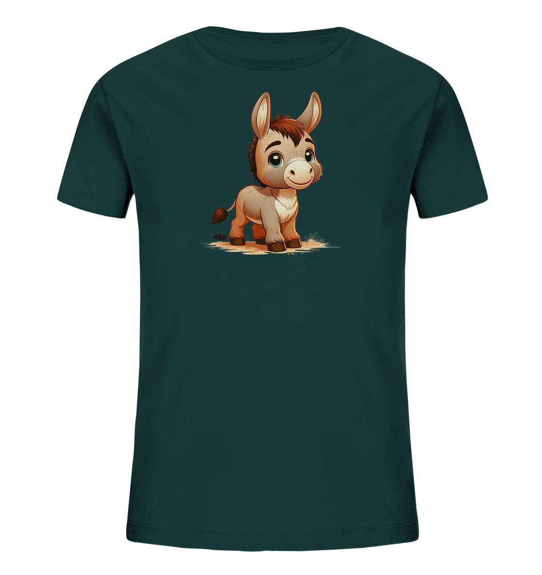 Onlineshop Shirts fuer Kinder - Das Bild zeigt ein dunkelgruenes T-Shirt fuer Kinder mit einem suessen Cartoon-Esel-Motiv auf der Vorderseite. Der Esel ist in hellbraunen Toenen dargestellt, hat grosse blaue Augen und ein freundliches Laecheln. Er steht auf einem sandigen Untergrund.