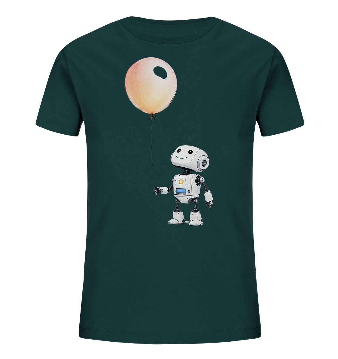 Helles Kinder-T-Shirt mit lachendem Roboter und Ballon.