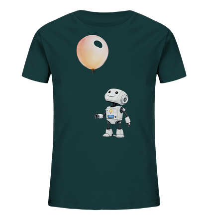 Helles Kinder-T-Shirt mit lachendem Roboter und Ballon.