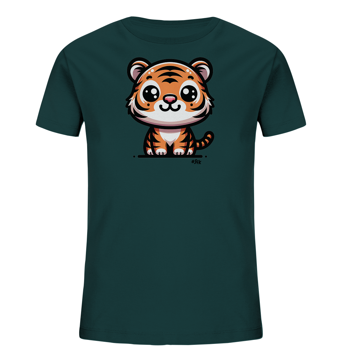 Onlineshop Shirts fuer Kinder - Das Bild zeigt ein dunkelgruenes T-Shirt fuer Kinder. Auf der Vorderseite ist eine niedliche, stilisierte Illustration eines kleinen Tigers abgebildet. Der Tiger sitzt und hat grosse Augen sowie ein freundliches Aussehen. Dieses verspielte Design ist ideal fuer Tierliebhaber.