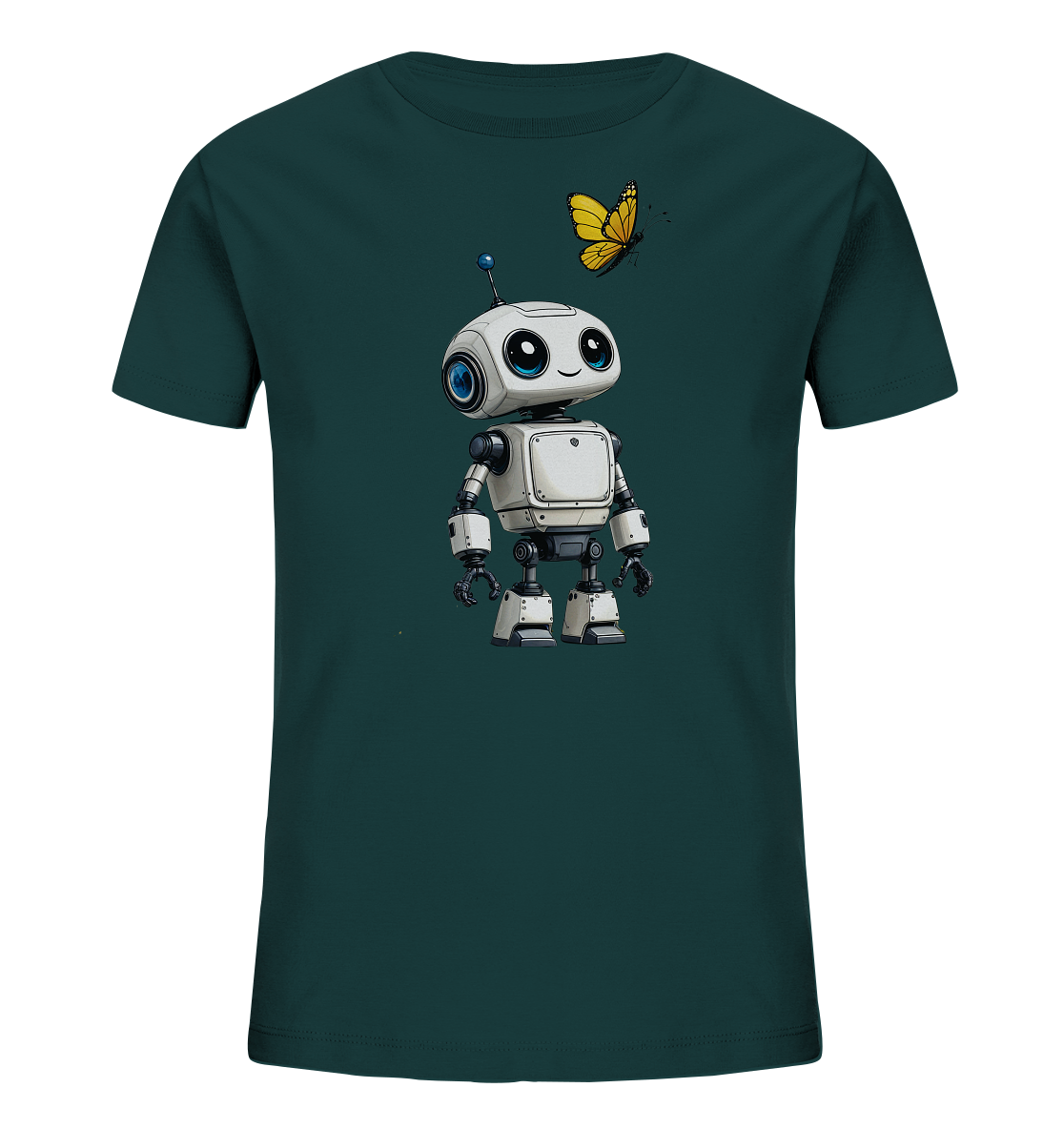 Onlineshop Shirts für Kinder - Das Bild zeigt ein dunkelgrünes Kinder-T-Shirt auf schwarzem Hintergrund. Auf der Vorderseite des Shirts ist eine Illustration eines freundlichen, weißen Roboters mit blauen Augen und einer Antenne zu sehen. Über dem Roboter fliegt ein gelber Schmetterling. Das Motiv ist zentral platziert und in einem einfachen, klaren Stil gezeichnet, der für Kinder ansprechend wirkt.