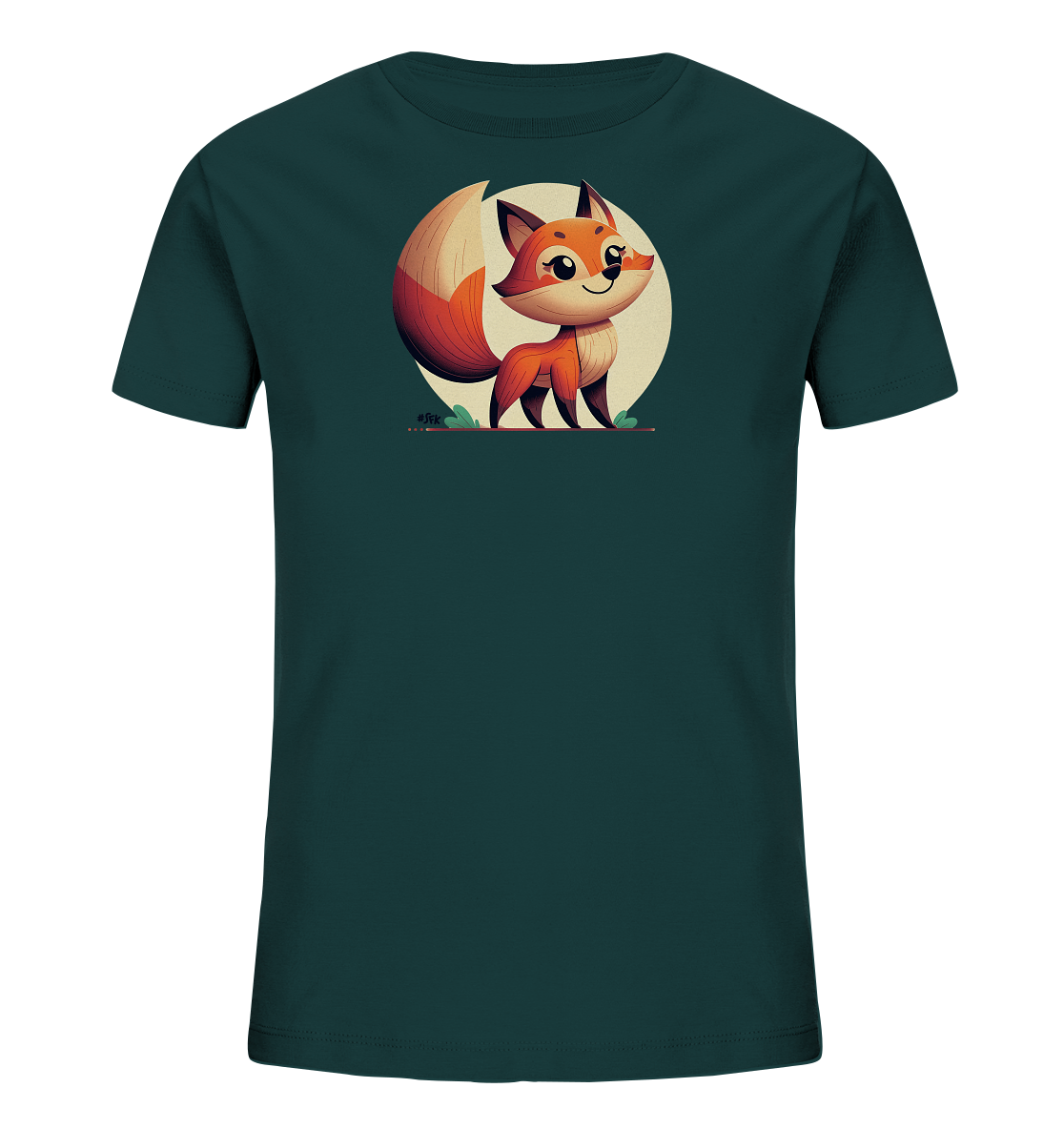 Kinder T-Shirt mit ein freundlicher orangefarbener Fuchs vor einem hellen Sonnenkreis