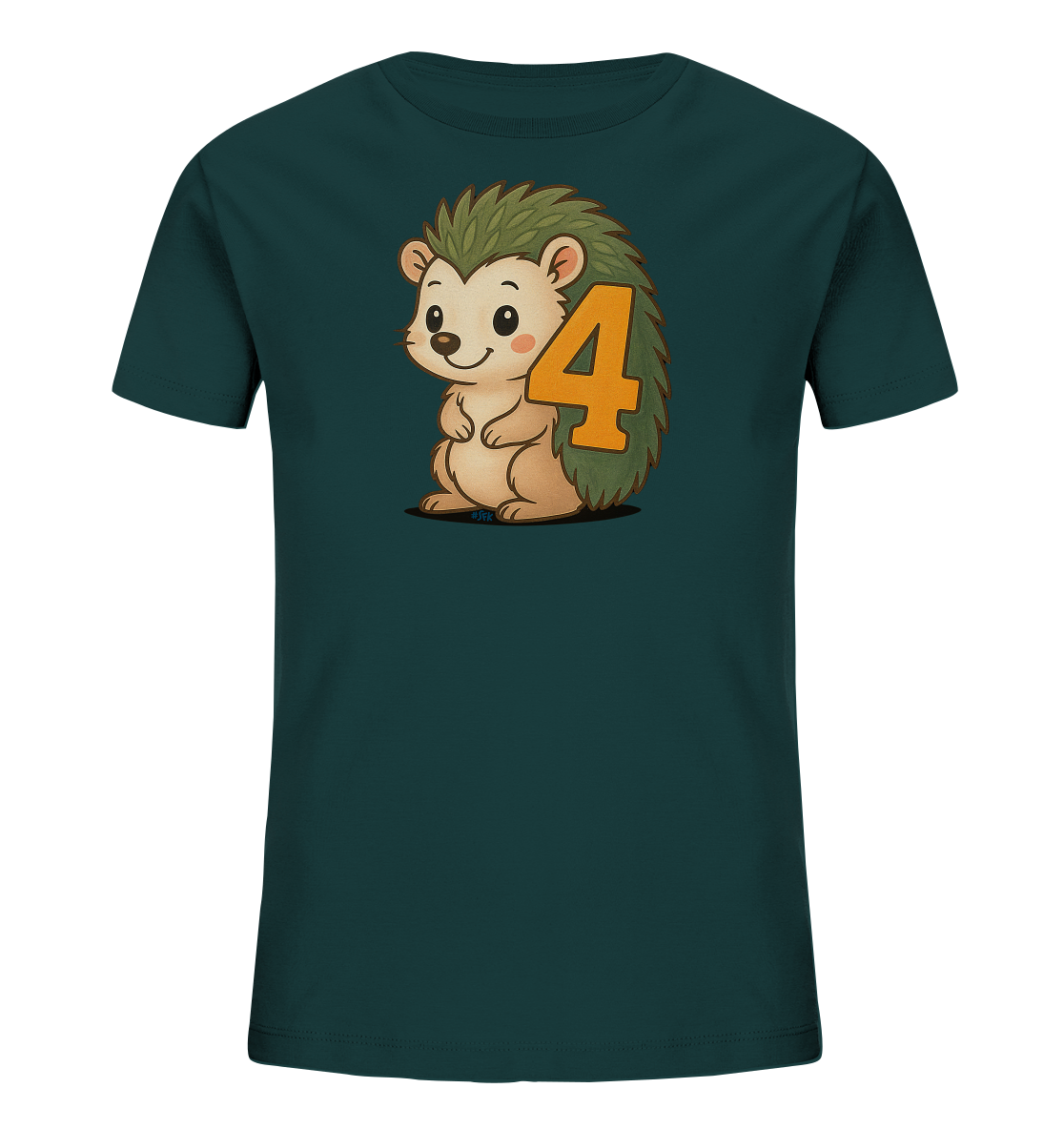 Onlineshop Shirts fuer Kinder - Das Bild zeigt ein dunkelgruenes T-Shirt fuer Kinder mit einem niedlichen Igelmotiv. Der cartoonhafte Igel hat gruene Stacheln und sitzt aufrecht. Die Zahl '4' ist kreativ in die Stacheln integriert und in einem orangen Farbton dargestellt. Dieses verspielte Design ist ansprechend fuer Kinder.