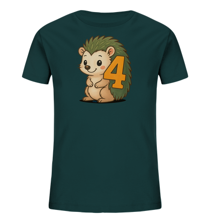 Onlineshop Shirts fuer Kinder - Das Bild zeigt ein dunkelgruenes T-Shirt fuer Kinder mit einem niedlichen Igelmotiv. Der cartoonhafte Igel hat gruene Stacheln und sitzt aufrecht. Die Zahl '4' ist kreativ in die Stacheln integriert und in einem orangen Farbton dargestellt. Dieses verspielte Design ist ansprechend fuer Kinder.