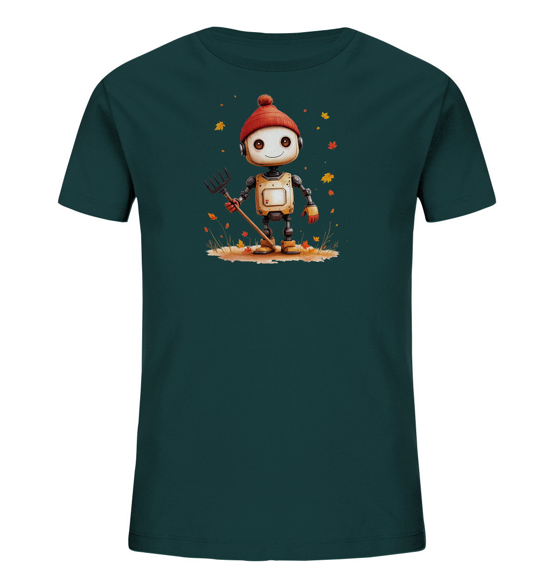 Onlineshop Shirts für Kinder - Das Bild zeigt ein dunkelgrünes T-Shirt für Kinder. Auf der Vorderseite ist eine Illustration eines freundlichen Roboters mit einem roten Bommelmütze zu sehen. Der Roboter steht auf einem Stück Erde und hält einen Rechen in der Hand, umgeben von fallenden Herbstblättern in verschiedenen Farben. Die Szene vermittelt eine herbstliche Stimmung und das Design wirkt kindgerecht und verspielt.