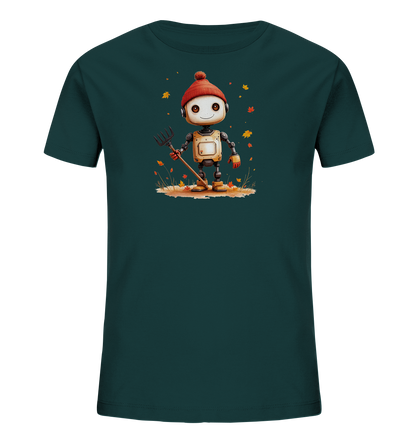 Onlineshop Shirts für Kinder - Das Bild zeigt ein dunkelgrünes T-Shirt für Kinder. Auf der Vorderseite ist eine Illustration eines freundlichen Roboters mit einem roten Bommelmütze zu sehen. Der Roboter steht auf einem Stück Erde und hält einen Rechen in der Hand, umgeben von fallenden Herbstblättern in verschiedenen Farben. Die Szene vermittelt eine herbstliche Stimmung und das Design wirkt kindgerecht und verspielt.