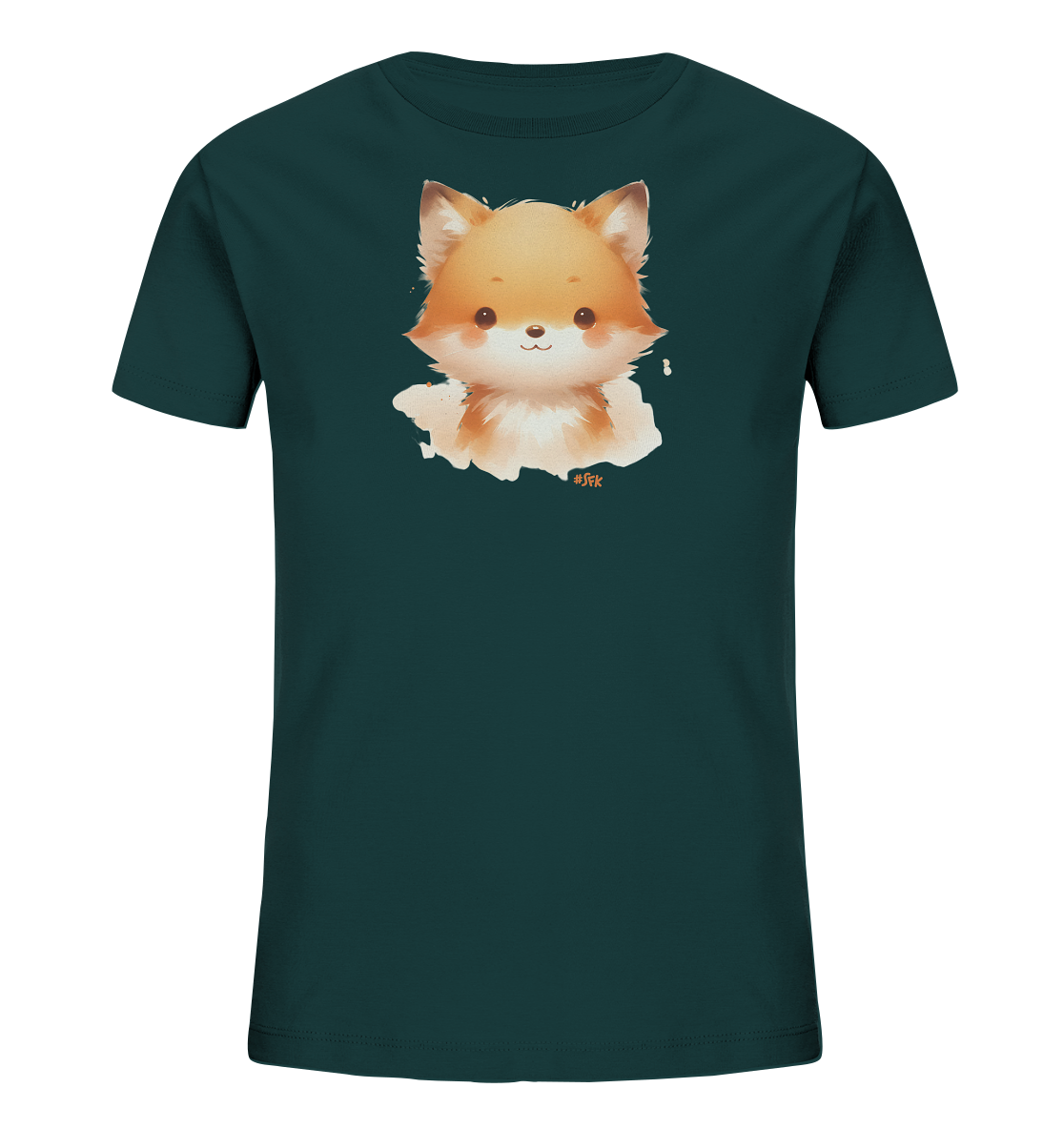 Onlineshop Shirts fuer Kinder - Das Bild zeigt ein dunkelgruenes T-Shirt fuer Kinder. Auf der Vorderseite ist das Gesicht eines niedlichen, cartoonhaften Fuchses abgebildet. Der Fuchs hat orangefarbenes Fell und einen freundlichen Ausdruck. Die Illustration ist zentriert auf dem Shirt platziert.