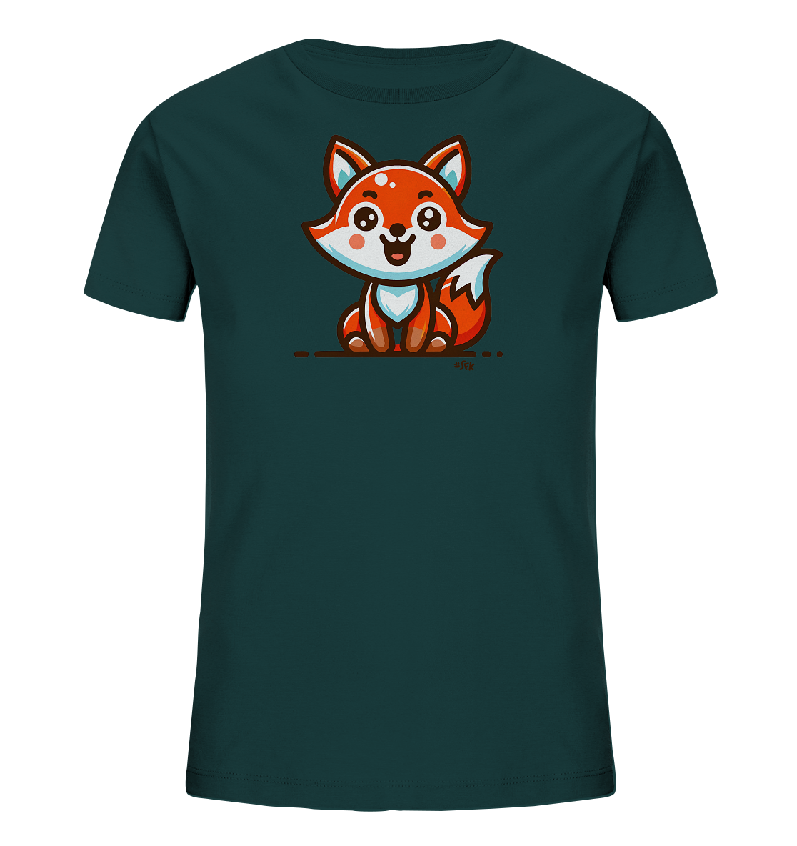 Onlineshop Shirts fuer Kinder - Das Bild zeigt ein dunkel tuerkises Kinder-T-Shirt mit einem niedlichen Comic-Fuchs-Motiv auf der Vorderseite. Der freundliche Fuchs sitzt auf einer braunen Linie und hat hellblaue Akzente an den Ohren und Wangen. Sein Fell ist ueberwiegend orange und weiss, mit einem buschigen, aufgestellten Schwanz. Das Design ist verspielt und kindgerecht.