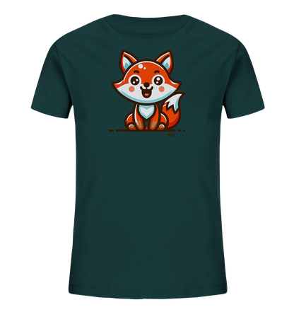 Onlineshop Shirts fuer Kinder - Das Bild zeigt ein dunkel tuerkises Kinder-T-Shirt mit einem niedlichen Comic-Fuchs-Motiv auf der Vorderseite. Der freundliche Fuchs sitzt auf einer braunen Linie und hat hellblaue Akzente an den Ohren und Wangen. Sein Fell ist ueberwiegend orange und weiss, mit einem buschigen, aufgestellten Schwanz. Das Design ist verspielt und kindgerecht.