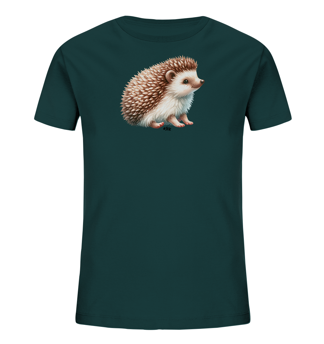 Onlineshop Shirts fuer Kinder - Dieses dunkelblaue T-Shirt zeigt eine detailreiche Illustration eines kleinen Igels. Der Igel hat braun-weisse Stacheln und sitzt aufrecht mit Blick zur Seite. Die realistische Darstellung des Tieres ist das zentrale Element des Shirts. Es ist ein schlichtes und ansprechendes Design.