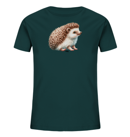 Onlineshop Shirts fuer Kinder - Dieses dunkelblaue T-Shirt zeigt eine detailreiche Illustration eines kleinen Igels. Der Igel hat braun-weisse Stacheln und sitzt aufrecht mit Blick zur Seite. Die realistische Darstellung des Tieres ist das zentrale Element des Shirts. Es ist ein schlichtes und ansprechendes Design.