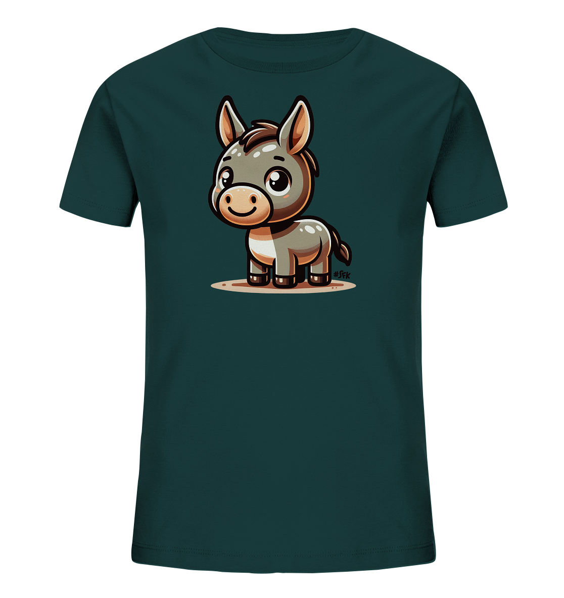 Onlineshop Shirts fuer Kinder - Das Bild zeigt ein dunkelgruenes Kinder-T-Shirt. Auf der Vorderseite befindet sich eine niedliche Illustration eines kleinen Esels. Der Esel ist grau und beige dargestellt, mit grossen Augen und einem freundlichen Gesichtsausdruck. Das Motiv ist zentral auf dem Shirt platziert und hat einen verspielten, cartoonhaften Stil.